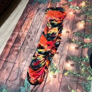 Fashion Nova Orange Tropical Ruched Maxi Dress